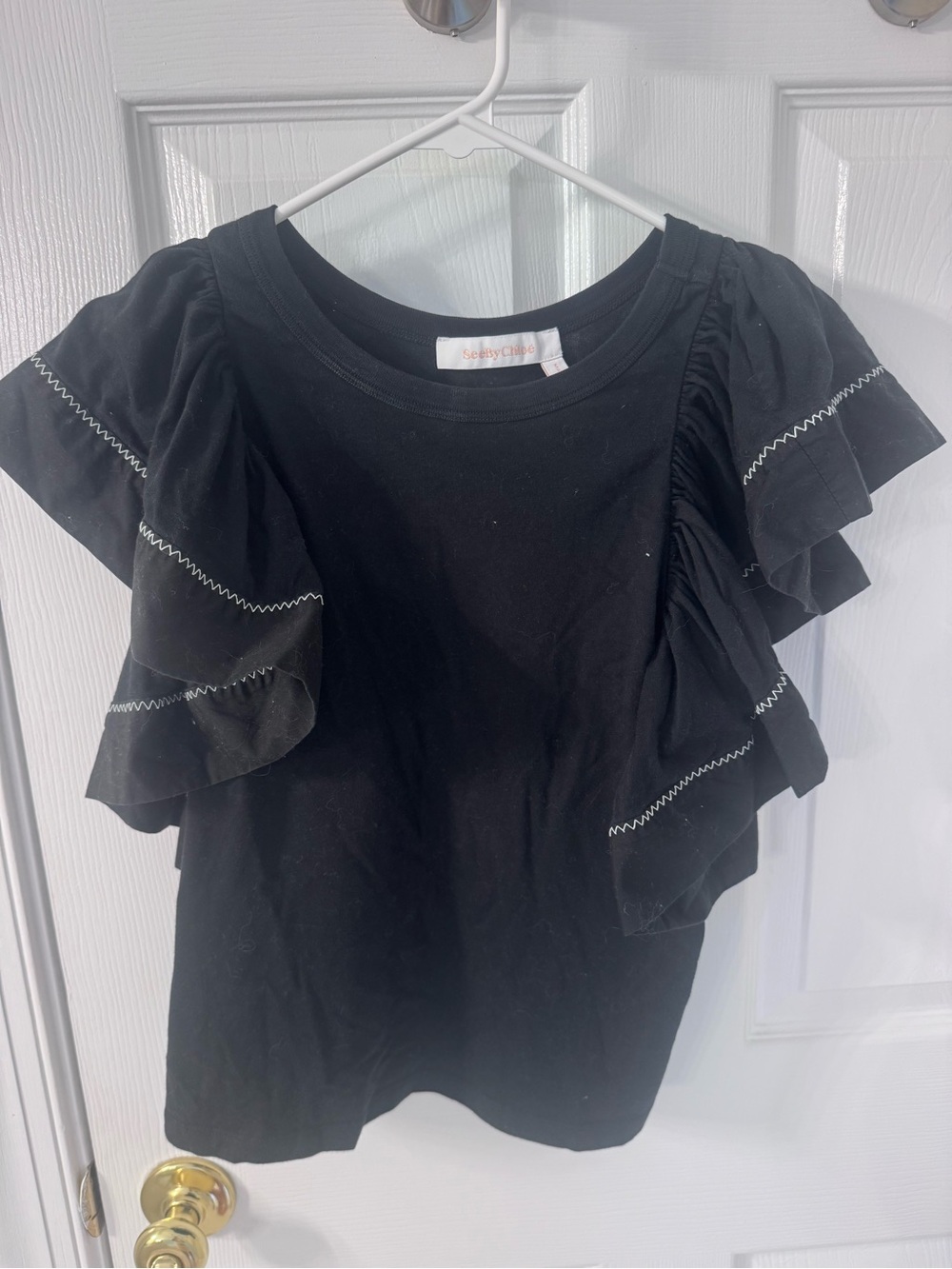 See By Chloé Black Ruffle Sleeve Tee